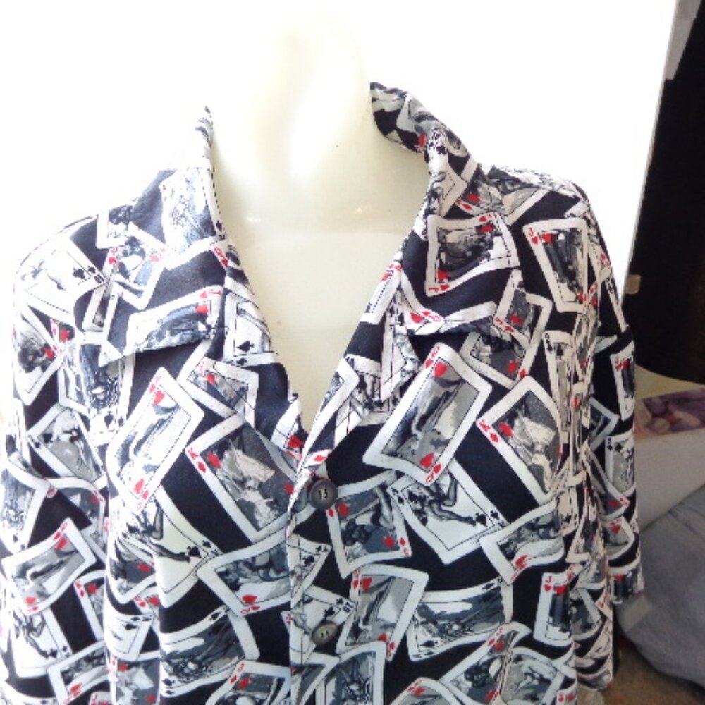 Vtg Poker Pinup Playing Cards Shirt XL Garters Stockings Etc SILKY Black White